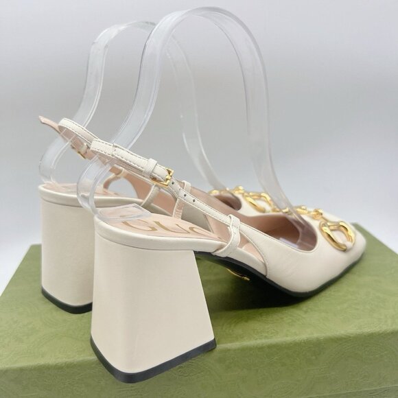 Gucci GG Slingback Horsebit Pump Chunk Heel Mystic White Leather EU 41.5 US 11.5 - Picture 8 of 12